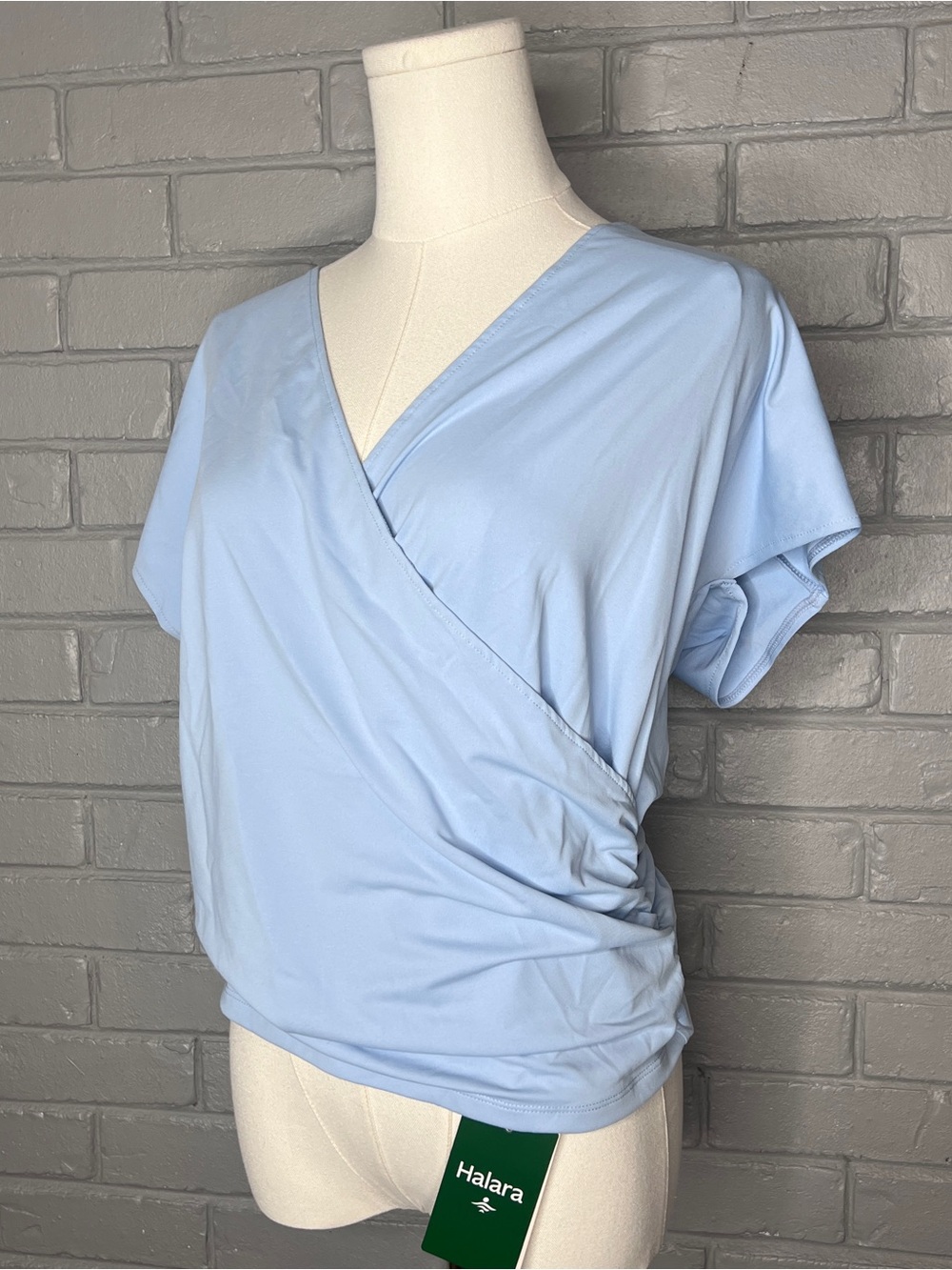 NWT HALARA Sky Blue Crossover Wrap V-Neck Ruched Women’s Top Size Small